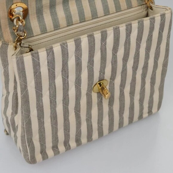 CHANEL Striped Matelasse Chain Shoulder Bag Canvas White Gray CC Auth - Picture 10 of 16